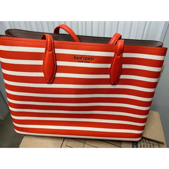 Kate Spade All Day Sailing Stripe Large Tote Orange White Pouch PXR00388 NWT FS - Picture 1 of 5